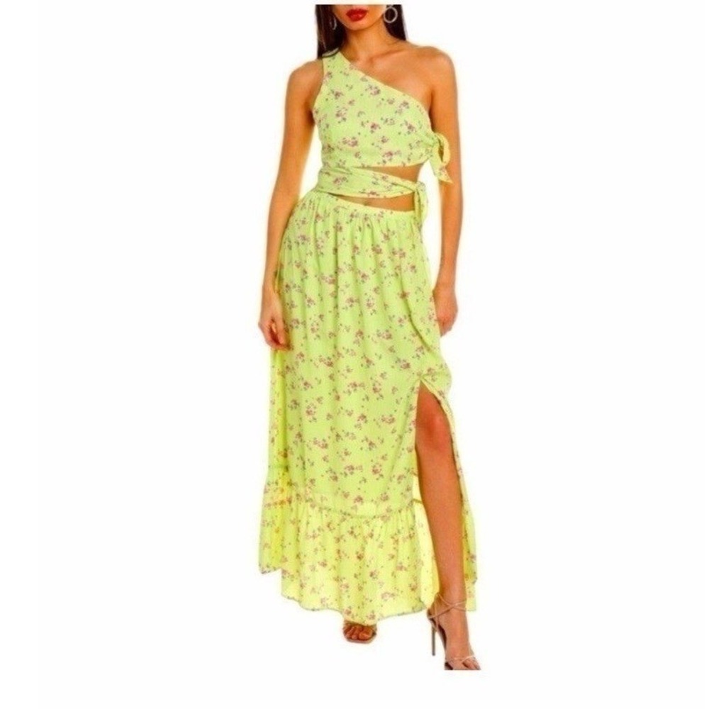WAYF Lemon Ditsy One Shoulder Cutout Maxi Dress Lime Green Floral XL NWT